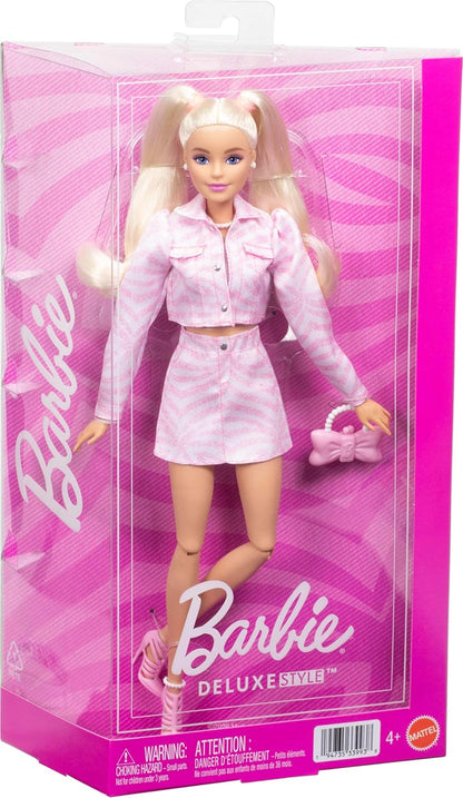 Barbie Deluxe Style Doll #9 in Pink Denim Outfit, Blonde Hair, Matching Jacket and Skirt Set with Accessories like Bow Clutch and Pearly Jewelry, JJN69