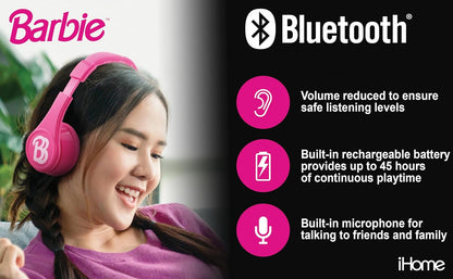 eKids Barbie Bluetooth Headphones, Pink Wireless Headphones with Microphone Includes Aux Cord, Volume Reduced Kids Foldable Earphones for School, Home, or Travel