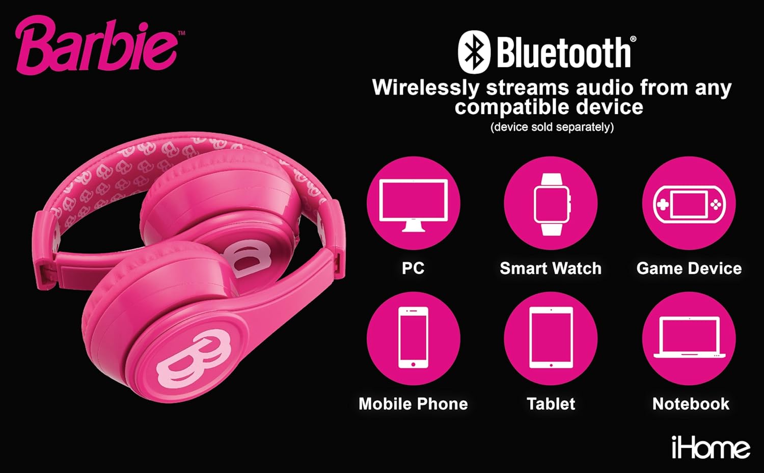 eKids Barbie Bluetooth Headphones, Pink Wireless Headphones with Microphone Includes Aux Cord, Volume Reduced Kids Foldable Earphones for School, Home, or Travel