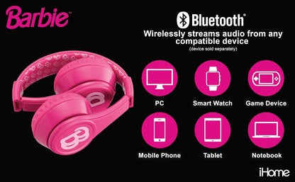 eKids Barbie Bluetooth Headphones, Pink Wireless Headphones with Microphone Includes Aux Cord, Volume Reduced Kids Foldable Earphones for School, Home, or Travel
