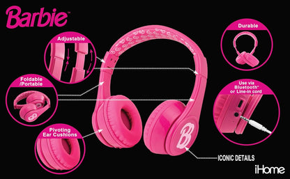 eKids Barbie Bluetooth Headphones, Pink Wireless Headphones with Microphone Includes Aux Cord, Volume Reduced Kids Foldable Earphones for School, Home, or Travel