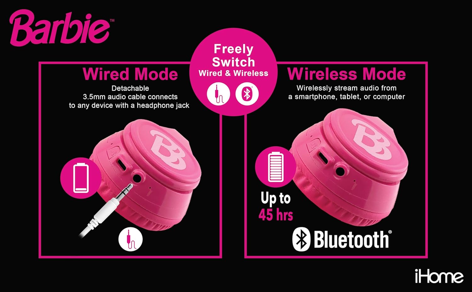 eKids Barbie Bluetooth Headphones, Pink Wireless Headphones with Microphone Includes Aux Cord, Volume Reduced Kids Foldable Earphones for School, Home, or Travel