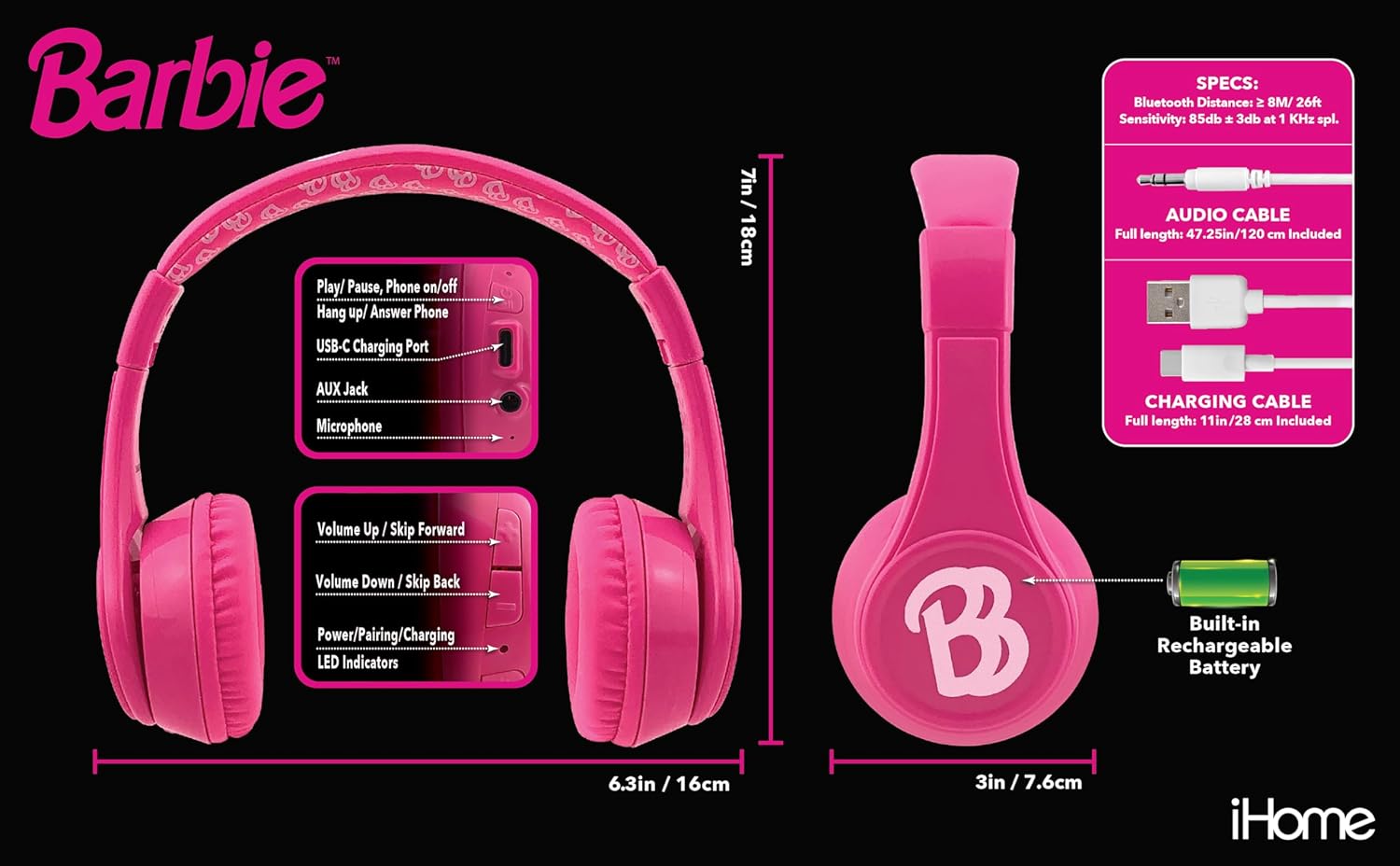 eKids Barbie Bluetooth Headphones, Pink Wireless Headphones with Microphone Includes Aux Cord, Volume Reduced Kids Foldable Earphones for School, Home, or Travel