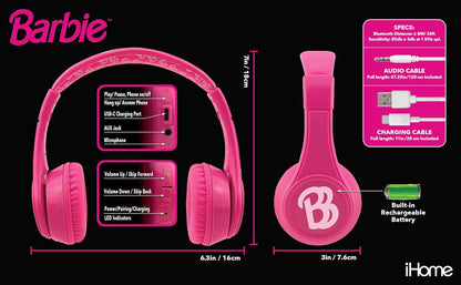eKids Barbie Bluetooth Headphones, Pink Wireless Headphones with Microphone Includes Aux Cord, Volume Reduced Kids Foldable Earphones for School, Home, or Travel