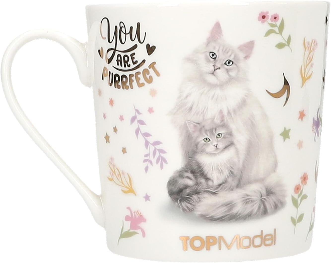 Depesche 14064 TOPModel Blooming Kitty Mug in White with Model and Cats Motif Inscription and Gold Porcelain Drinking Cup Capacity Approx. 300 ml