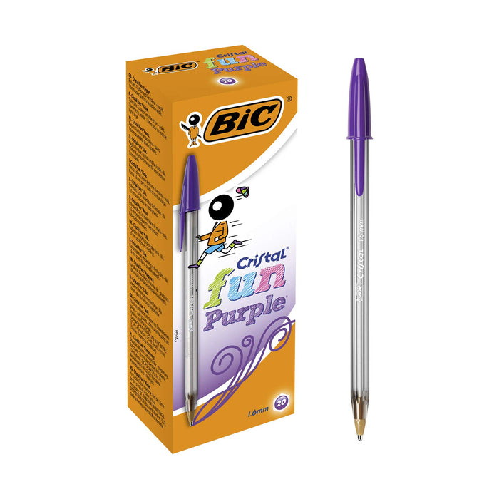 BIC Cristal Fun, Ballpoint Pens, Smudge-Proof Writing Pens and Wide Point (1.6 mm), Ideal for School, Purple Ink, Pack of 20 Purple 20 Count (Pack of 1)