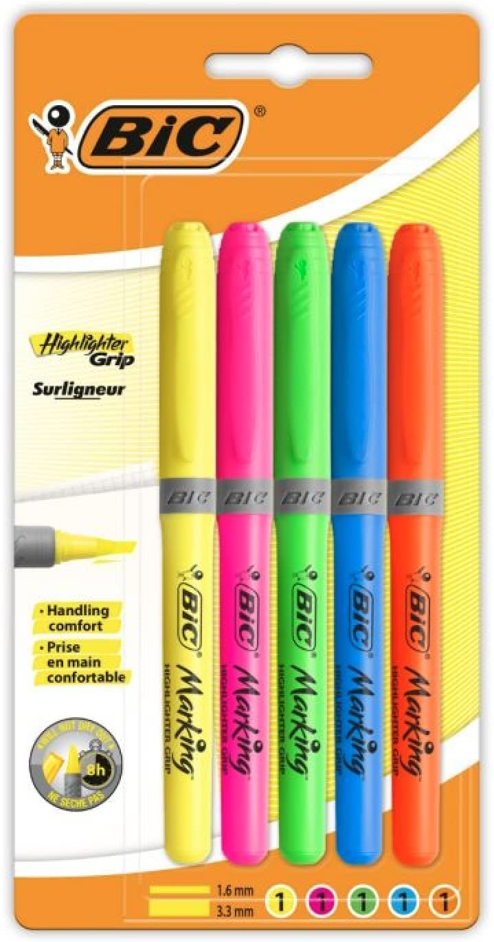 BiC Highlighter Grip, Highlighter Pens with Chisel Tip, Long-lasting, Ideal for School and Office, Assorted Colours