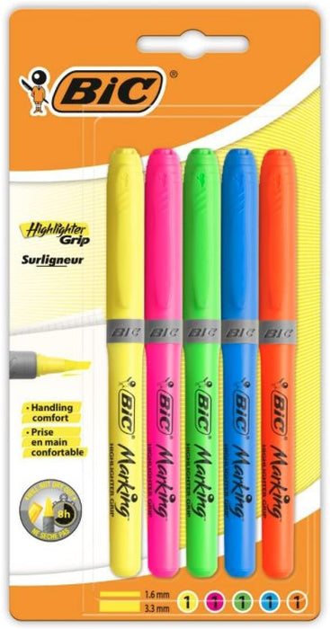 BiC Highlighter Grip, Highlighter Pens with Chisel Tip, Long-lasting, Ideal for School and Office, Assorted Colours