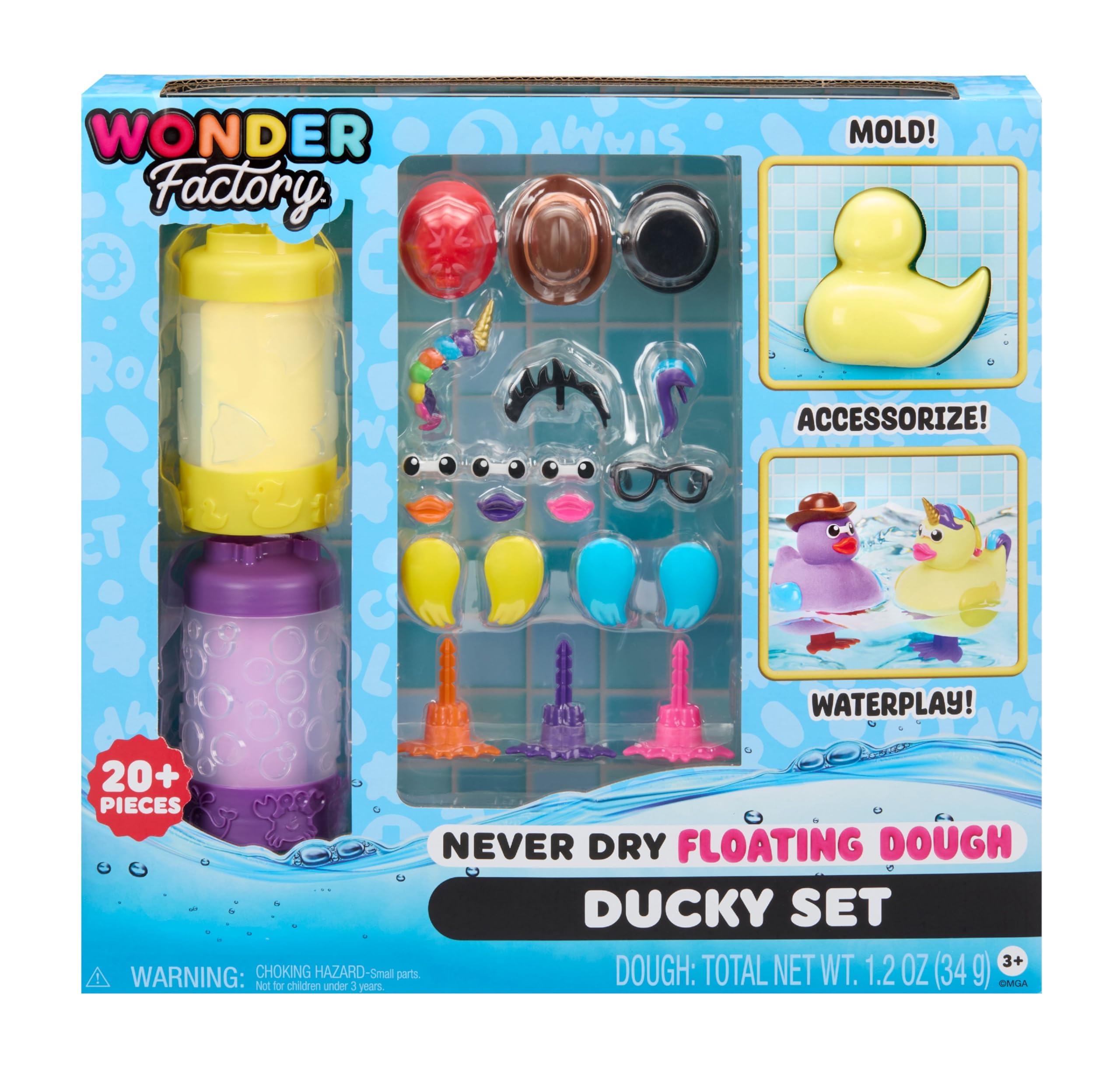Wonder Factory Never Dry Floating Dough Ducky Set - Ensemble de Canards, avec 2 Tubes de Pâte à modeler, 2 Couleurs Uniques, Sans Gluten, Flotte dans l'Eau, Jeu Créatif créer des canards, pour Enfants