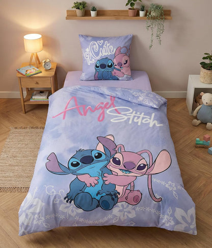 Stitch and Angel Single Bedding Set, Reversible Duvet Cover 140 x 200 cm + Pillowcase 65 x 65 cm, Polycotton