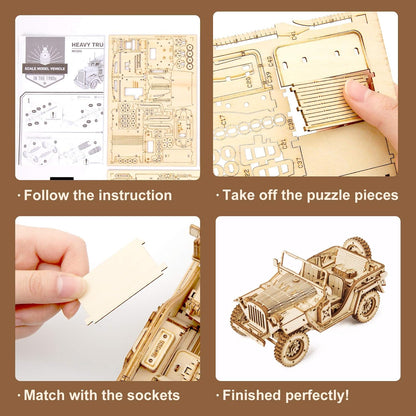 Robotime 3D Puzzle Holzbausatz Jeep, 369 Teile, Größe: 18,9 x 9,9 x 8,9 cm, MC701