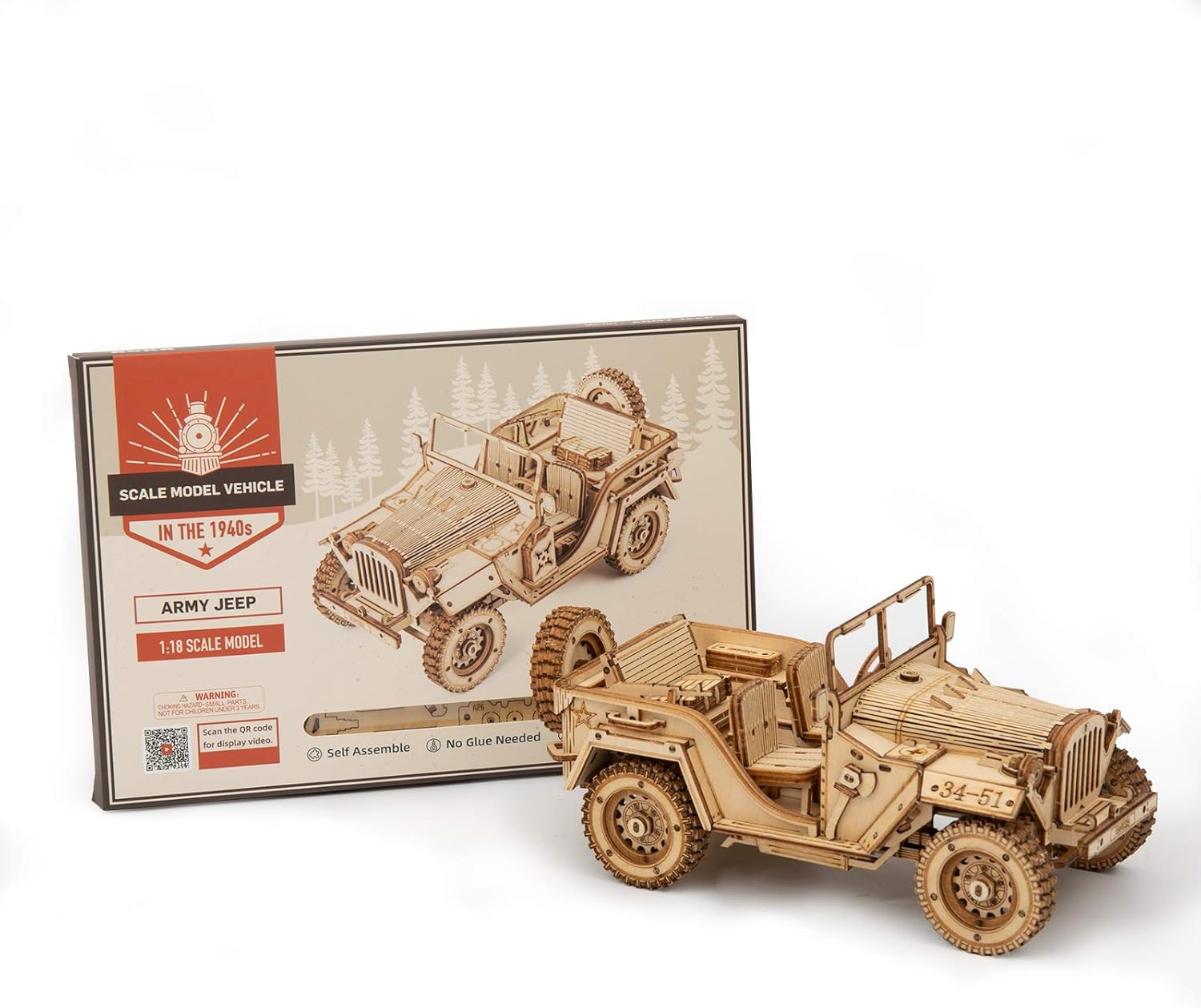 Robotime 3D Puzzle Holzbausatz Jeep, 369 Teile, Größe: 18,9 x 9,9 x 8,9 cm, MC701