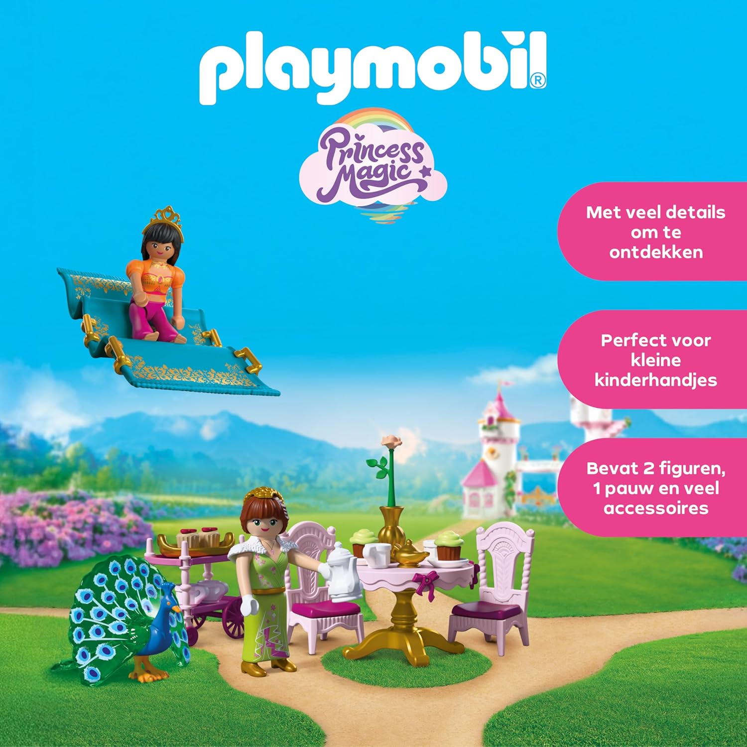 PLAYMOBIL | Princess | Een bezoek van ver | 2 prinsessen met vliegend tapijt en theekransje | Stimuleert creativiteit | Prinsessenspeelgoed voor kinderen vanaf 4 jaar | 72054