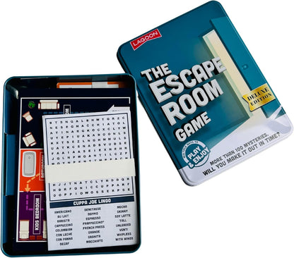 The Escape Room Mystery Game Large Deluxe Game in a Tin, Red, Green, and White