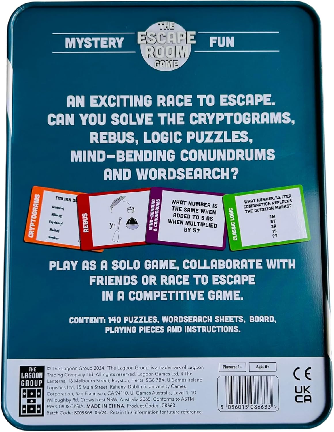 The Escape Room Mystery Game Large Deluxe Game in a Tin, Red, Green, and White