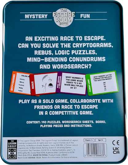 The Escape Room Mystery Game Large Deluxe Game in a Tin, Red, Green, and White