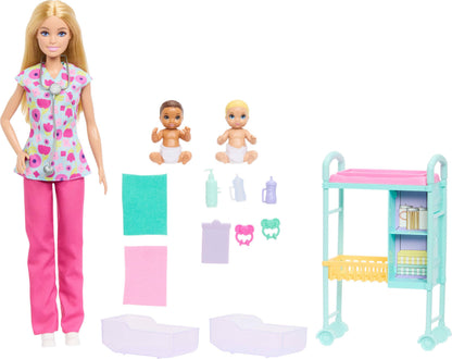 Barbie Careers Baby Doctor Playset with Blonde Doll Wearing Scrubs, 2 Baby Dolls, Examination Table & Accessories, JMK12