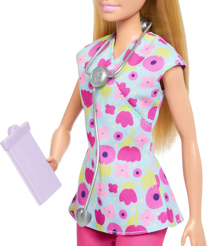 Barbie Careers Baby Doctor Playset with Blonde Doll Wearing Scrubs, 2 Baby Dolls, Examination Table & Accessories, JMK12