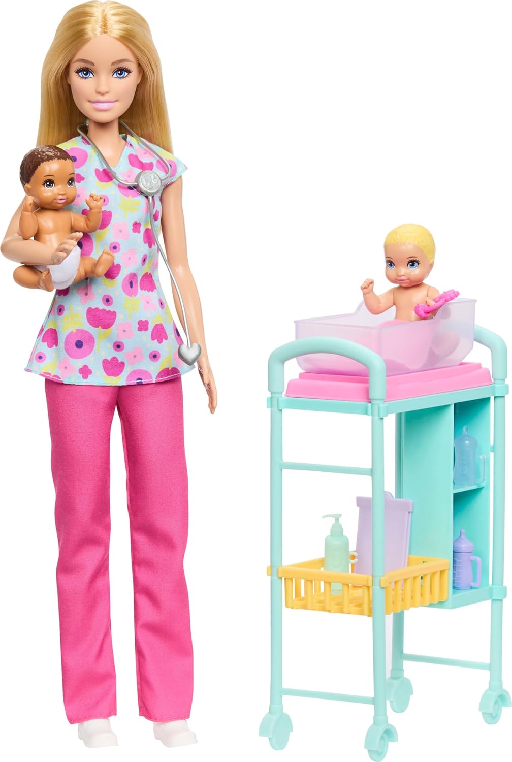 Barbie Careers Baby Doctor Playset with Blonde Doll Wearing Scrubs, 2 Baby Dolls, Examination Table & Accessories, JMK12