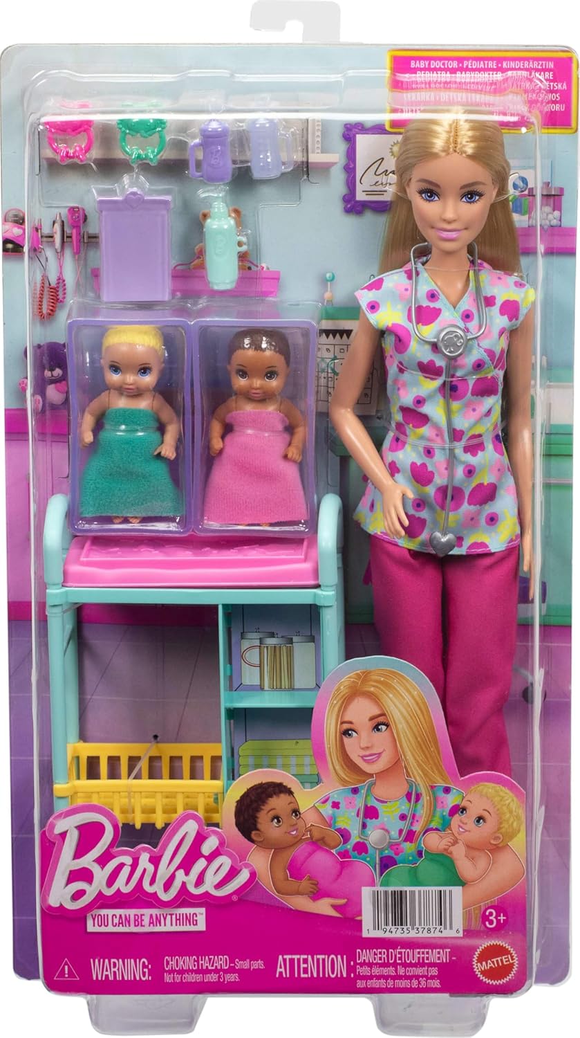 Barbie Careers Baby Doctor Playset with Blonde Doll Wearing Scrubs, 2 Baby Dolls, Examination Table & Accessories, JMK12
