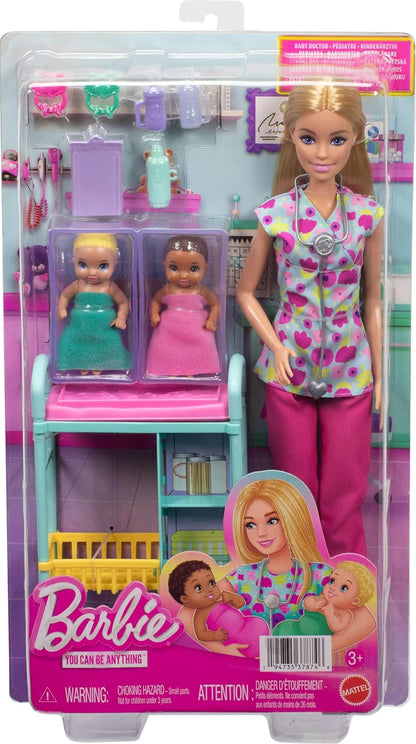 Barbie Careers Baby Doctor Playset with Blonde Doll Wearing Scrubs, 2 Baby Dolls, Examination Table & Accessories, JMK12