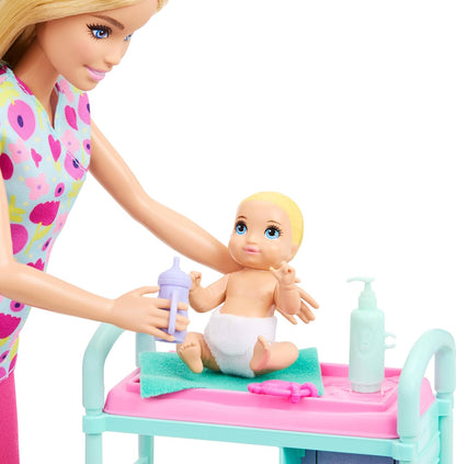 Barbie Careers Baby Doctor Playset with Blonde Doll Wearing Scrubs, 2 Baby Dolls, Examination Table & Accessories, JMK12