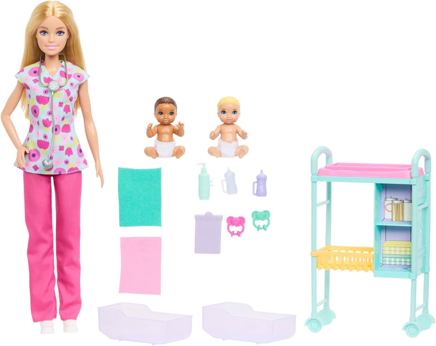 Barbie Carriere - Pediatra, set con bambola bionda con camice a fiori colorato, 2 mini bambole neonati, lettino per le visite e accessori a tema inclusi, 3+ anni, JMK12