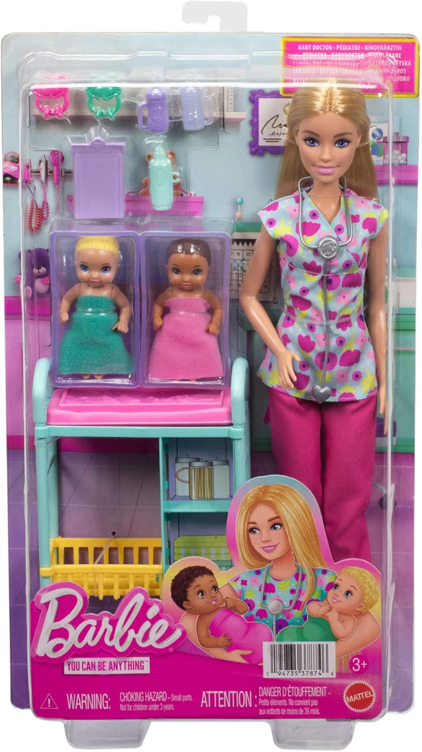 Barbie Carriere - Pediatra, set con bambola bionda con camice a fiori colorato, 2 mini bambole neonati, lettino per le visite e accessori a tema inclusi, 3+ anni, JMK12