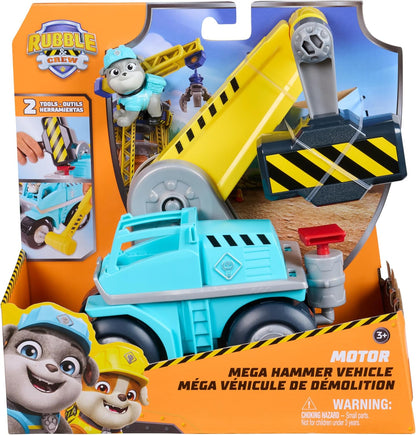 Rubble & Crew - Motors Mega-Hammer-Fahrzeug, 25cm 2-in-1 Baufahrzeug mit Motor-Figur und abnehmbaren Werkzeugen, PAW Patrol Kinderspielzeug ab 3 Jahren