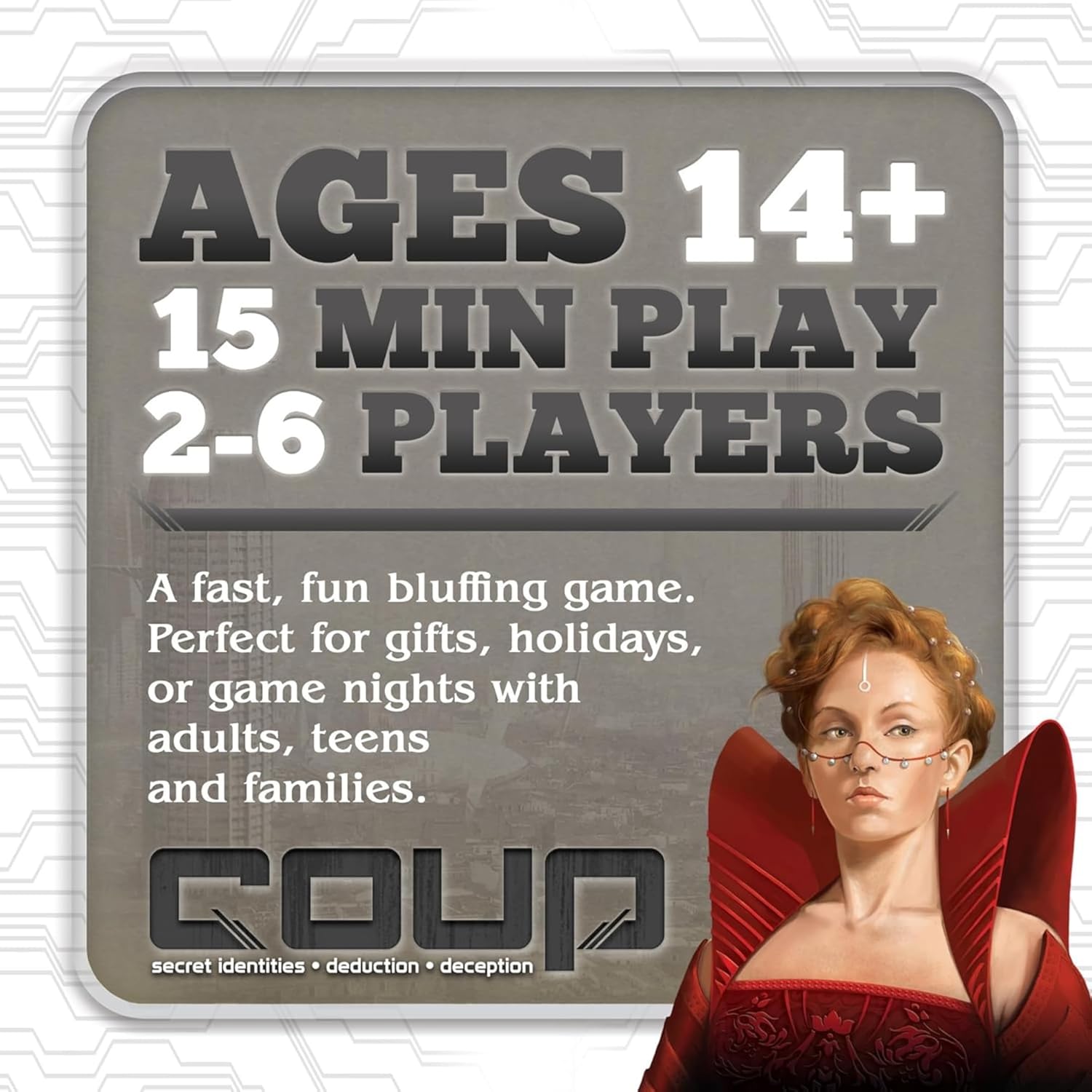 Indie Boards and Cards, Coup, Card Game, Multicolored, Ages 14+, 2-6 Players, 15 Minute Playing Time