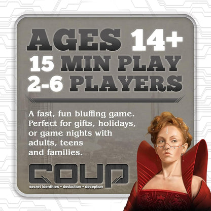 Indie Boards and Cards, Coup, Card Game, Multicolored, Ages 14+, 2-6 Players, 15 Minute Playing Time