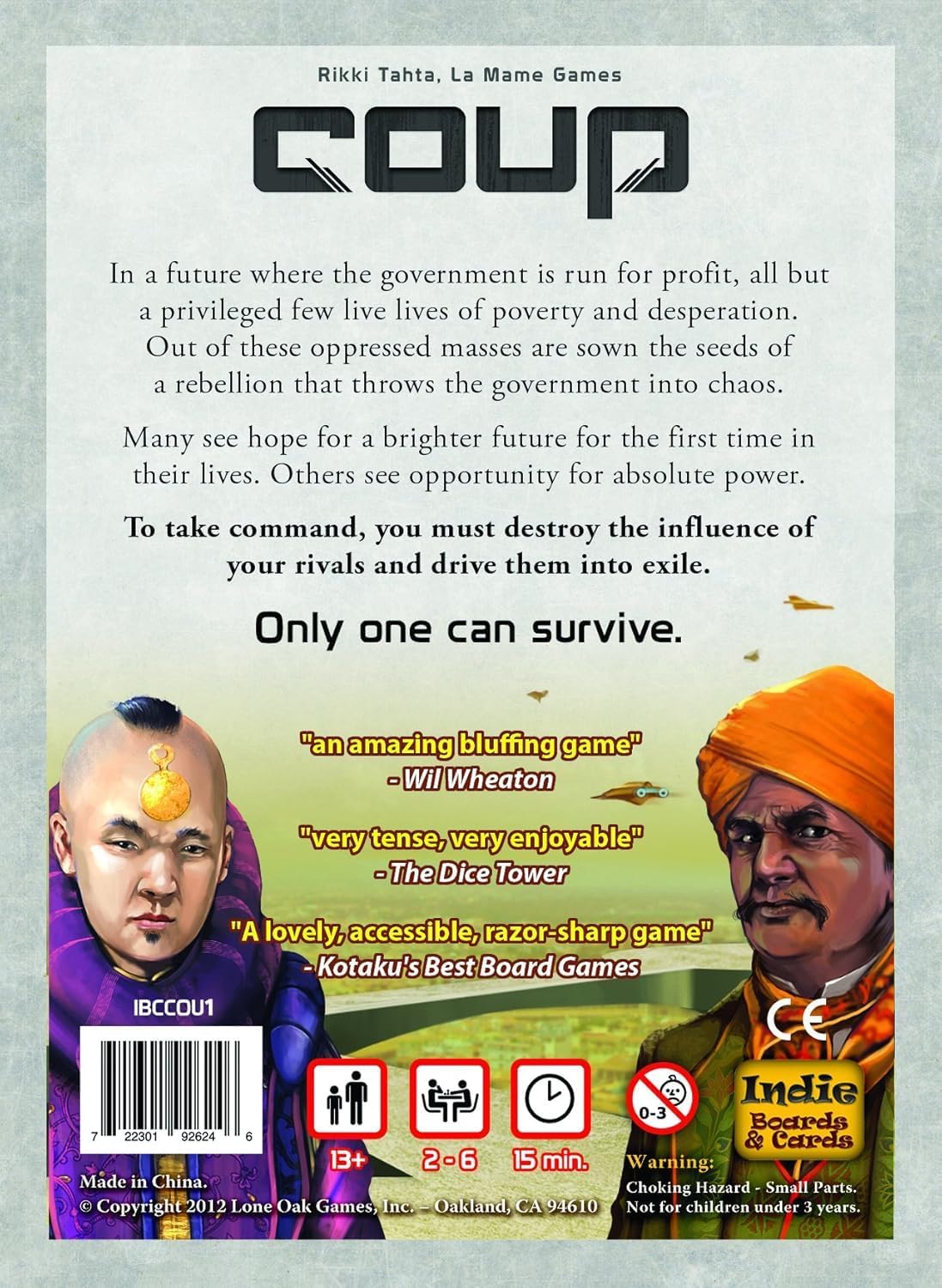 Indie Boards and Cards, Coup, Card Game, Multicolored, Ages 14+, 2-6 Players, 15 Minute Playing Time