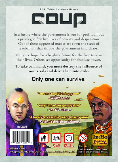 Indie Boards and Cards, Coup, Card Game, Multicolored, Ages 14+, 2-6 Players, 15 Minute Playing Time