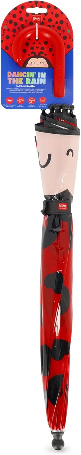 Legami - Dancin' In The Rain Children's Umbrella, Ladybug Theme, Windproof Structure, Manual Opening, Fabric Closure with Space for Name, Hook Handle, 73 x 65 cm