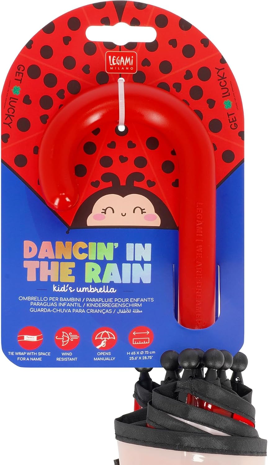 Legami - Dancin' In The Rain Children's Umbrella, Ladybug Theme, Windproof Structure, Manual Opening, Fabric Closure with Space for Name, Hook Handle, 73 x 65 cm