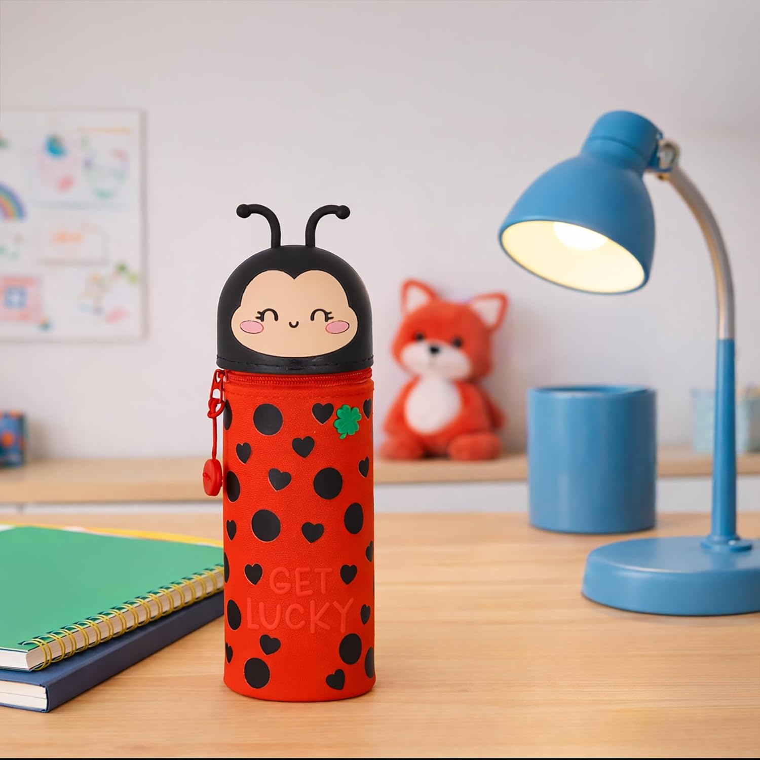 Legami - Kawaii School Pencil Case 2 in 1 Soft Silicone, Ladybug Theme, Table Pen Holder, Zipper Closure, Pastel Pens Marker, H 21.5 cm
