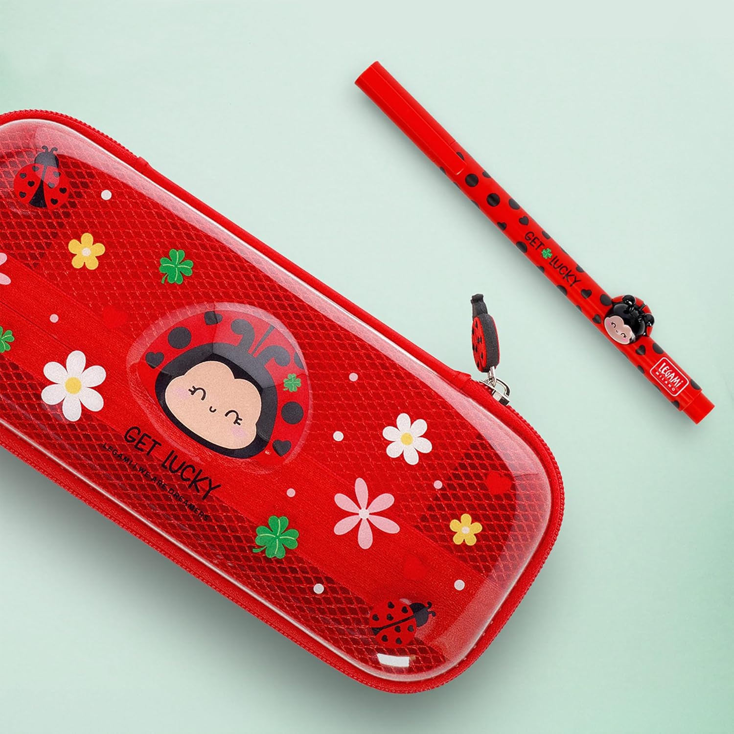 Legami - Wonderwow Pencil Case, Ladybug Theme, 2 Compartments and Inner Pen Holder, Inner Compartment with Mesh Fabric, Zip Closure, 23 x 11 x 5 cm