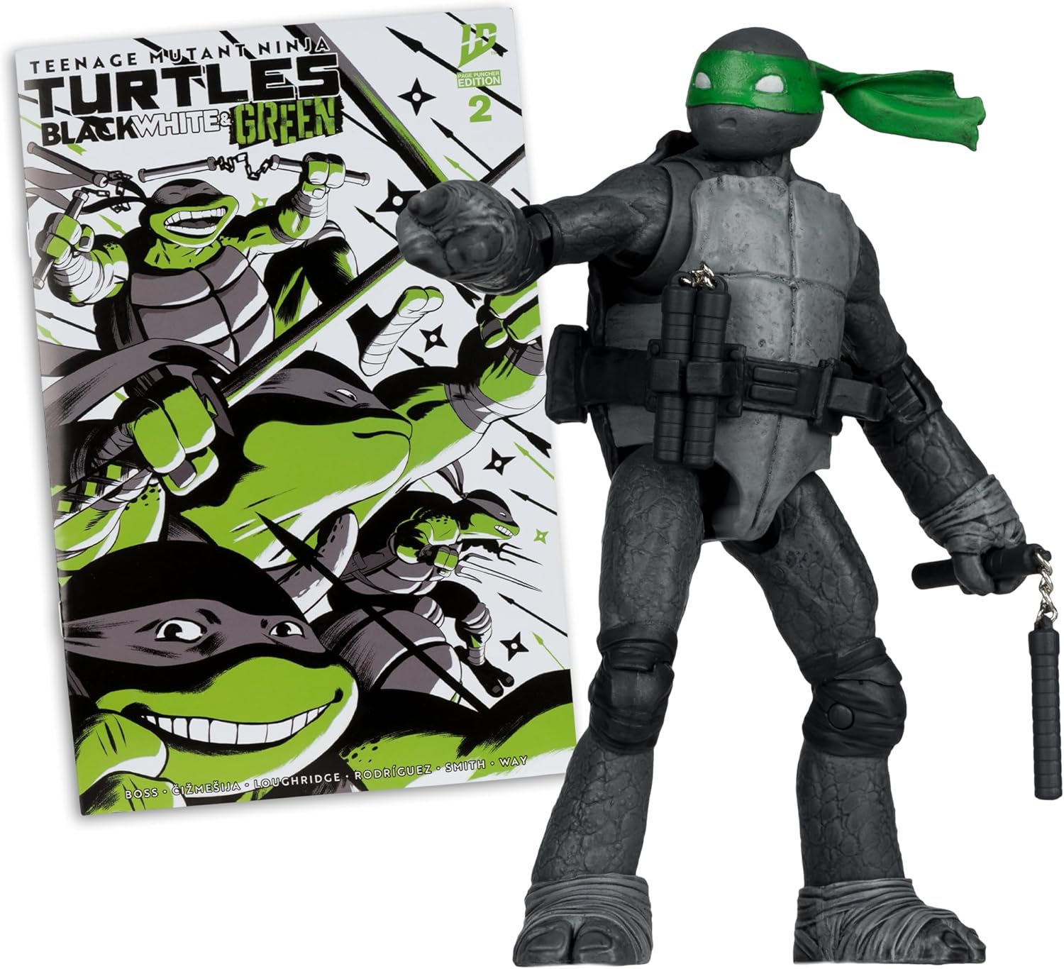 TMNT 12,7 cm Figur mit Comic (Schwarz-Weiß-Grün-Variante) – Michaelangelo (Schwarz, Weiß und Grün
