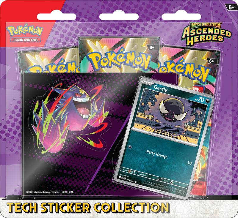 Pokémon TCG: Mega Evolution—Ascended Heroes Tech Sticker Collection—Gastly (1 Foil Promo Card & 3 Booster Packs
