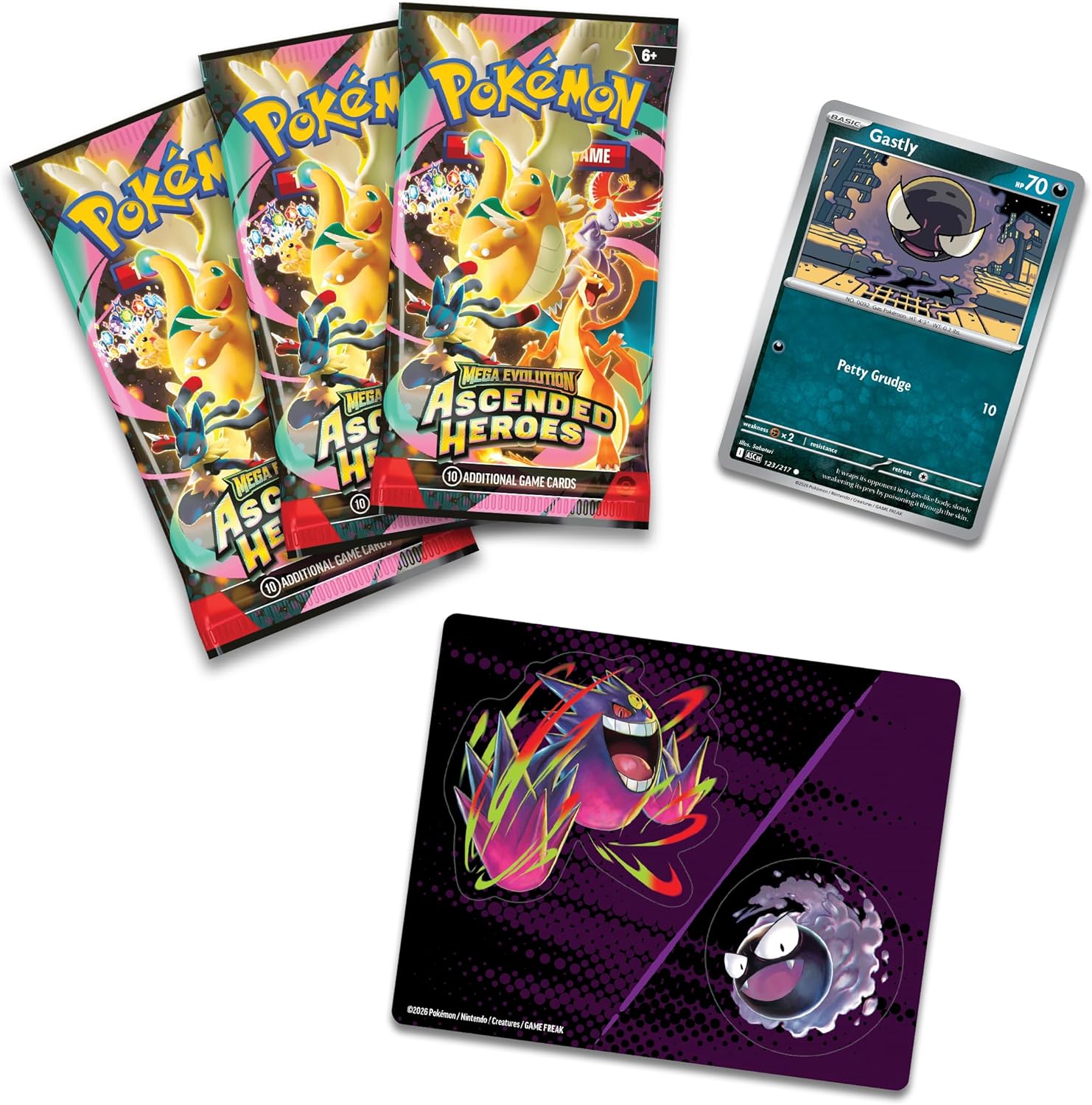 Pokémon TCG: Mega Evolution—Ascended Heroes Tech Sticker Collection—Gastly (1 Foil Promo Card & 3 Booster Packs