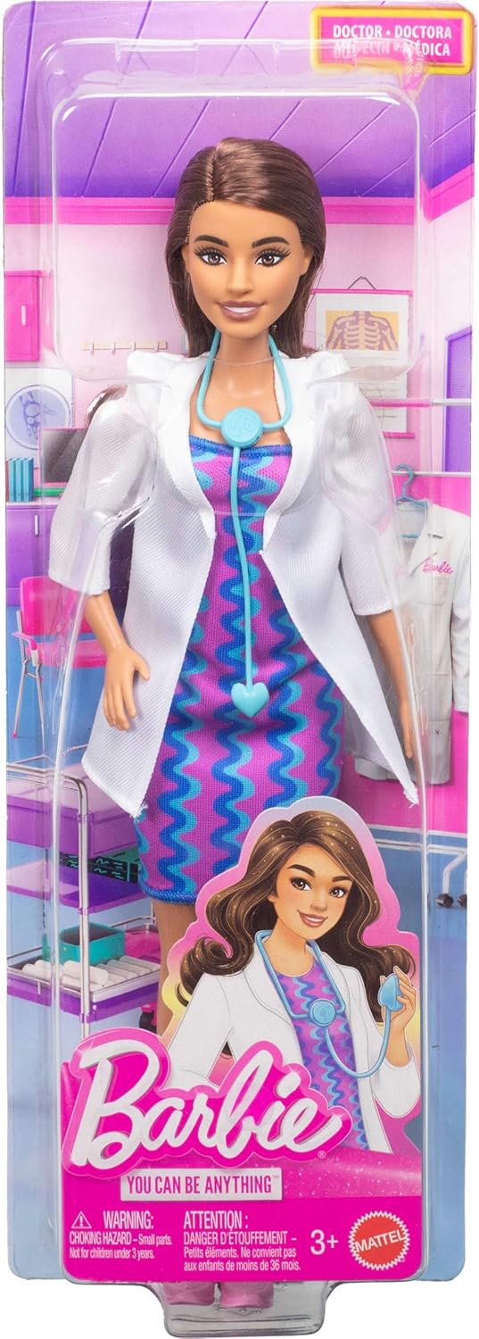 Barbie Careers Doctor Fashion Doll Wearing Removable Look with White Coat, Dress & Shoes, Plus Stethoscope Accessory, JKF76