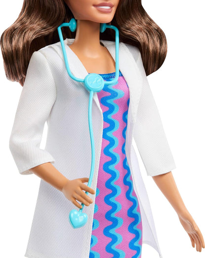 Barbie Careers Doctor Fashion Doll Wearing Removable Look with White Coat, Dress & Shoes, Plus Stethoscope Accessory, JKF76