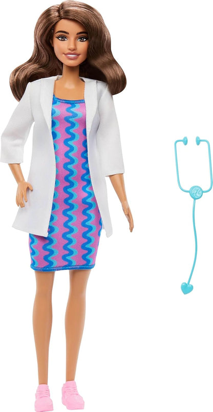 Barbie Careers Doctor Fashion Doll Wearing Removable Look with White Coat, Dress & Shoes, Plus Stethoscope Accessory, JKF76