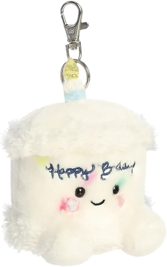 AURORA, 34147, Palm Pals Happy B’day Cake Clip-On, 10cm, Soft Toy, White