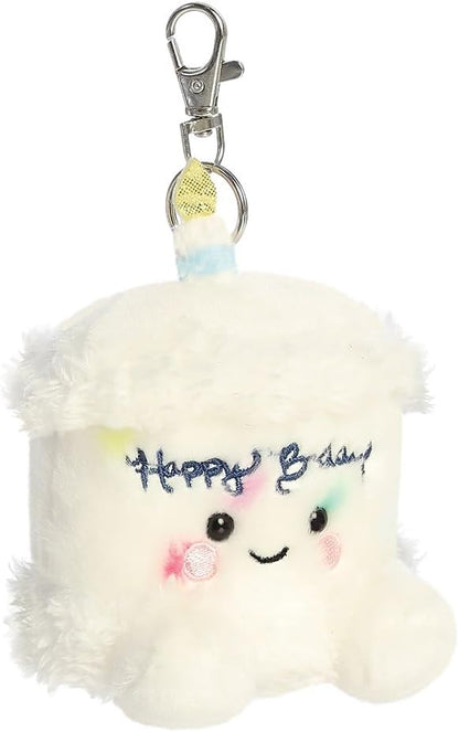 AURORA, 34147, Palm Pals Happy B’day Cake Clip-On, 10cm, Soft Toy, White