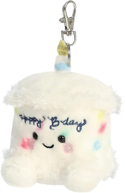 AURORA, 34147, Palm Pals Happy B’day Cake Clip-On, 10cm, Soft Toy, White