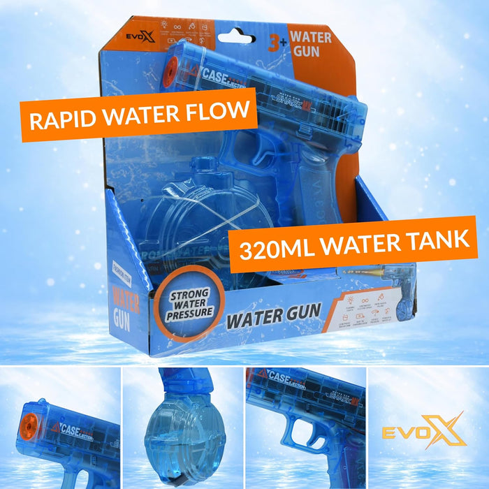 Evo-X Electric Water Pistol, Rechargeable Light Up Toy Long Range with Led Firing Effect, 320ml Tank, USB-C Charging, Kids Outdoor Summer Toys