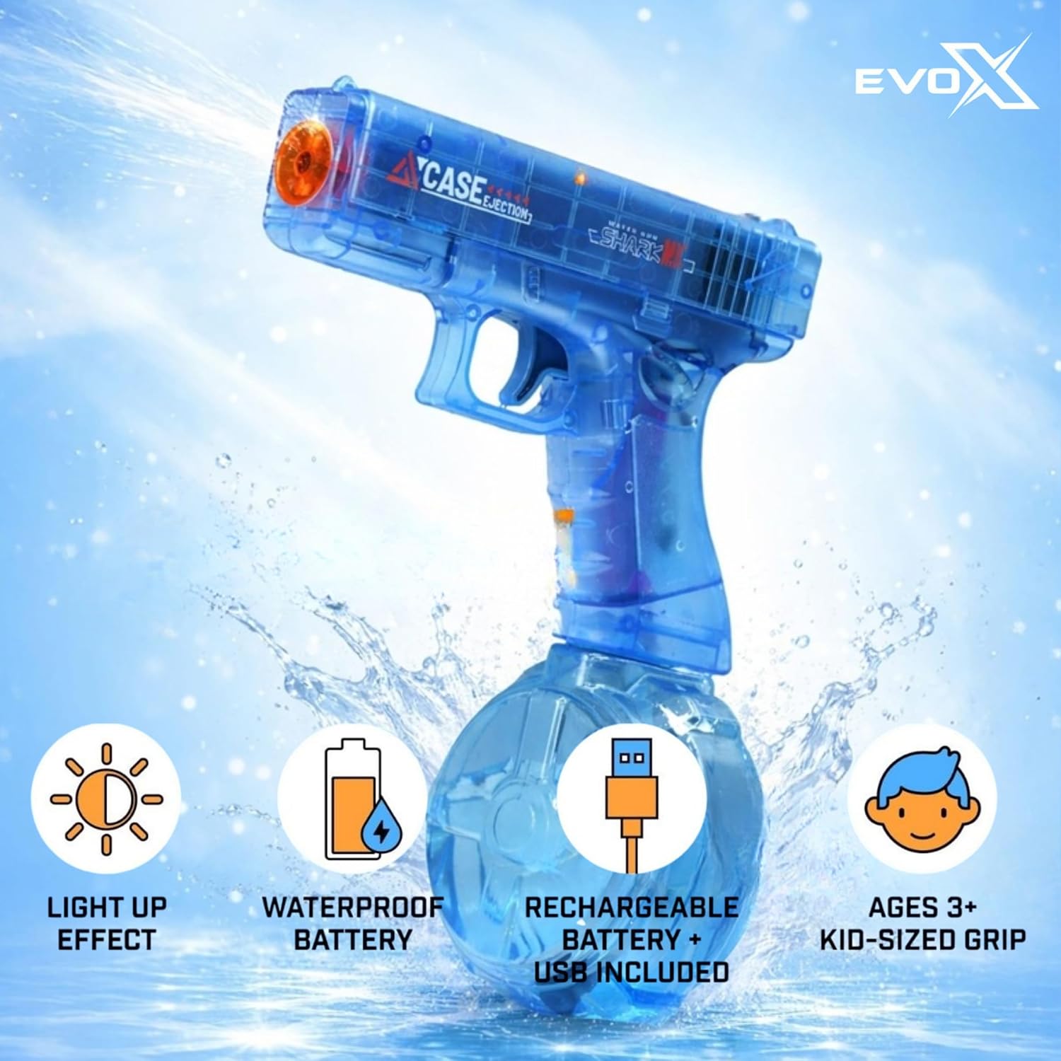 Evo-X Electric Water Pistol, Rechargeable Light Up Toy Long Range with Led Firing Effect, 320ml Tank, USB-C Charging, Kids Outdoor Summer Toys