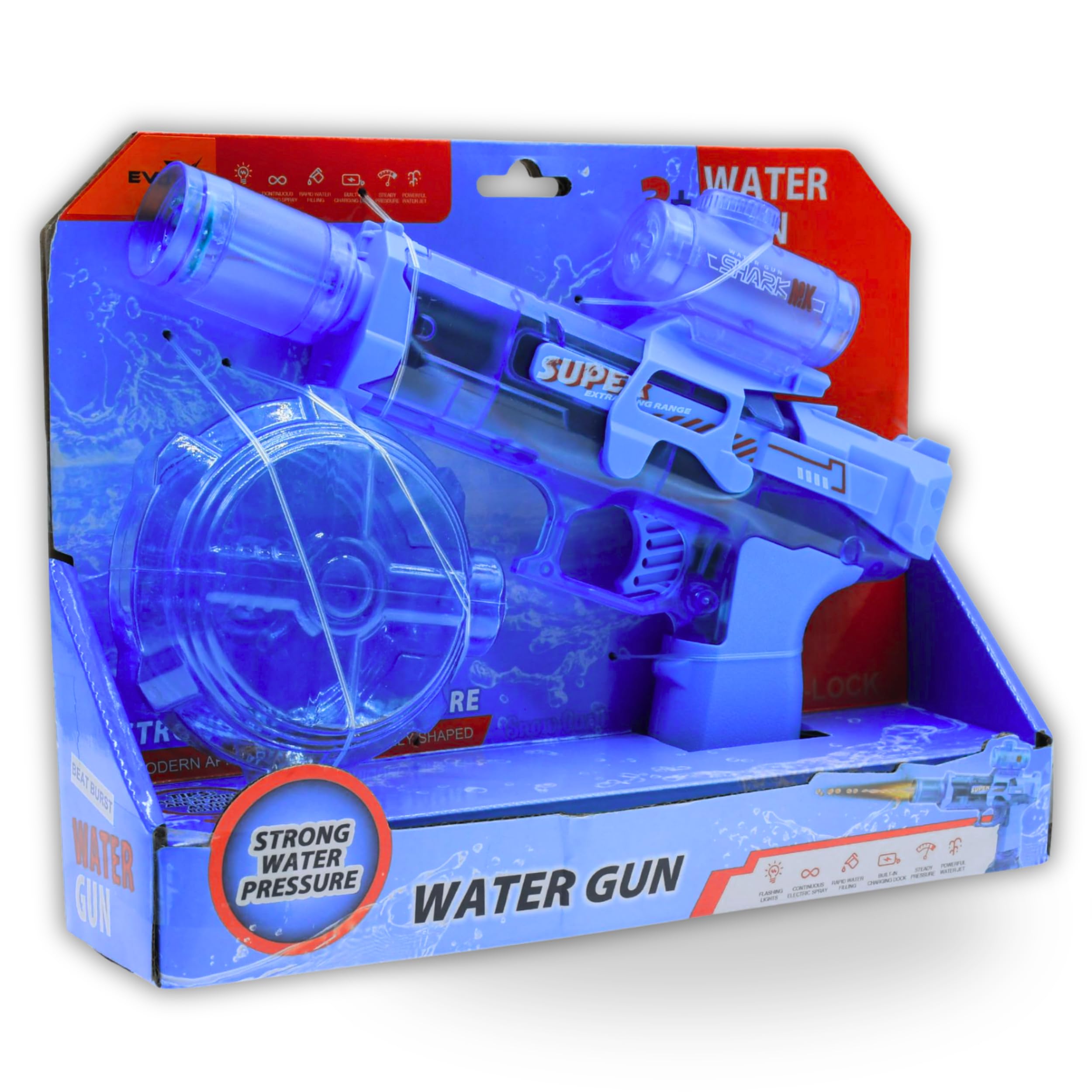 Evo-X Electric Water Gun, Rechargeable Light Up Aqua Blaster, Led Firing Effect, 320ml Tank, USB Charging, Kids Outdoor Summer Toys