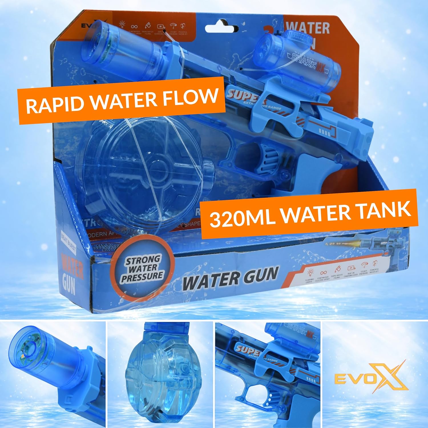 Evo-X Electric Water Gun, Rechargeable Light Up Aqua Blaster, Led Firing Effect, 320ml Tank, USB Charging, Kids Outdoor Summer Toys